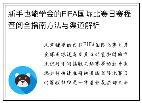 新手也能学会的FIFA国际比赛日赛程查阅全指南方法与渠道解析